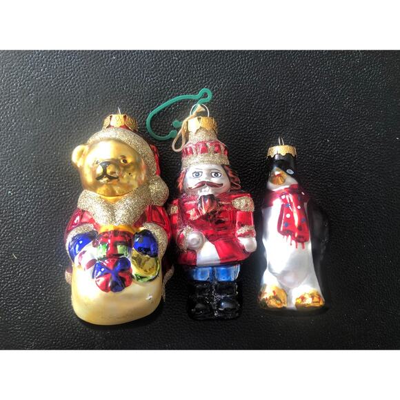 Vintage Eclectic Glass Soldier, Santa Bear, Penguin Christmas Ornaments Set Of 3 - Picture 1 of 7